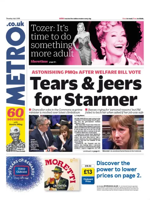 "Tears & jeers for Starmer" reads the headline on the front page of Metro.