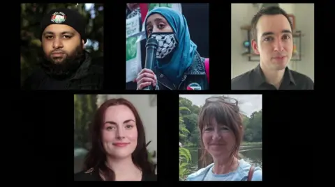 Handout A composite of photos showing an Asian man in a black woolly hat in his 30s, an Asian woman with a head-scarf and a face covering speaking into a microphone, a white man in his early 30s in a black shirt, a white woman with brown hair in her early 30s and a white woman with brown hair cut into a fringe in her 70s. 