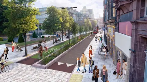 City of Wolverhampton Council An artist's drawing of a tree-lined street with people walking up and down and shops on either side. The computer generated people include men, women and children and moved on paved areas either side of cycle routes with a raised flowerbed inbetween.