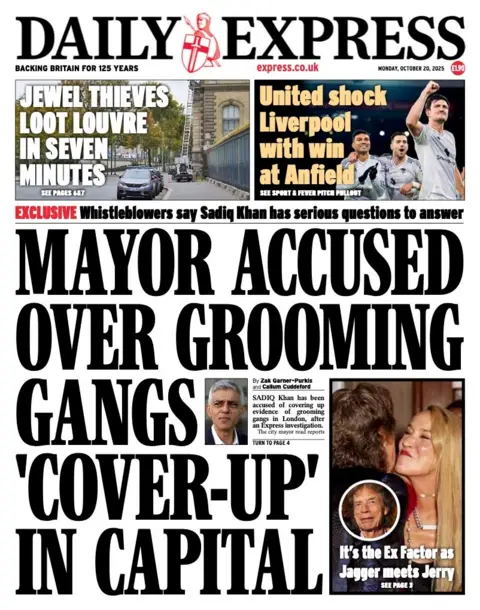 The headline on the front page of the Daily Mirror reads: "Mayor accused over grooming gangs 'cover-up' in capital"> 