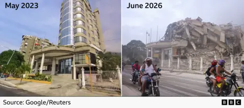 Images of Eduard's Hotel in La Guiara in May 2023, showing the hotel standing, and June 2026 following two earthquakes, in which the building has been reduced to a pile of rubble