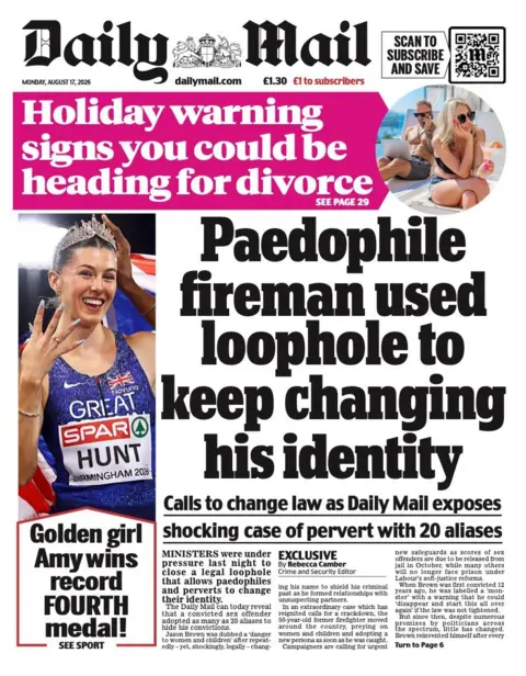 The headline on the front page of the Daily Mail reads: "Paedophile fireman used loophole to keep changing his identity."