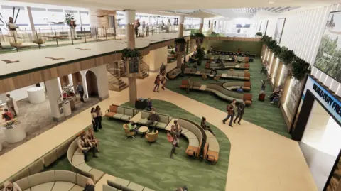 An artist's impression of the Jersey Airport departure lounge redevelopment. The computer graphic image shows people wandering around the lounge, which has green carpets and yellow tiled walkways. It has several banks of green cushioned seats in the main hall.