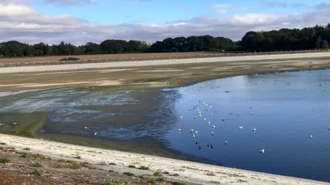 A reservoir that has clearly reduced in water volume, with birds sitting in the shallow end