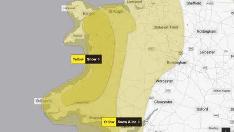Met Office Weather map showing where the warnings are in place across Wales