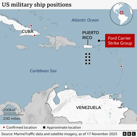 A map of US military ship positions in the Caribbean Sea. It show three confirmed positions, including two close to Cuba. The map also shows "approximate locations", including eight units south of Puerto Rica.
