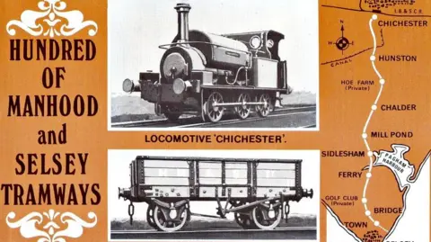 Manhood Wildlife & Heritage Group A promotional poster showing the Hundred of Manhood and Selsey Tramway. It includes a map of the route between Chichester and Selsey, alongside historic images of the locomotive Chichester and a railway wagon.