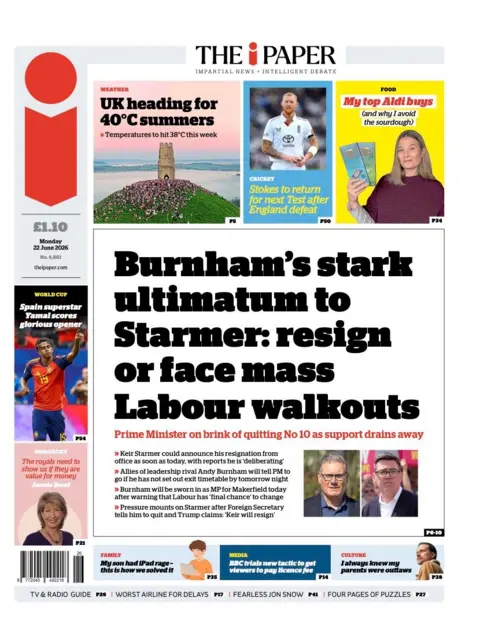 The i Paper's front page headline reads 'Burnham's stark ultimatum to Starmer: resign or face mass Labour walkouts' 