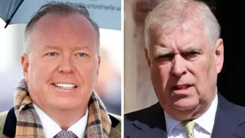 Composite image of two headshots. Doug Barrowman is on the left, smiling. He wears a checked beige scarf and a white shirt and lilac tie. On the right, Prince Andrew wears a dark suit, white shirt and yellow tie, with a serious face