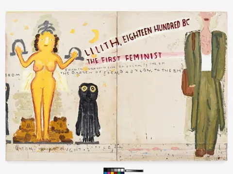 Rose Wylie/David Zwirner On the left is a naked woman from ancient history with a dark animal standing next to her. On the right is a contemporary woman in khaki-coloured trouser suit with brown shoulder bag. There are words going from left to right which read: Lilith eighteen hundred BC The First Feminist