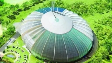 A proposed incinerator, showing an artist's impression of a large dome structure surrounded by grass and foliage. 