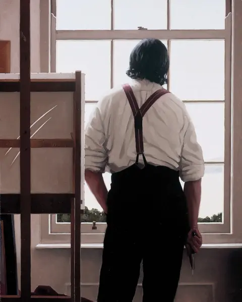 Jack Vettriano Estate Painting Homage to Fontana? by Jack Vettriano, a man standing looking out a window, wearing a shirt and trousers.