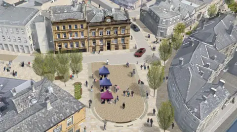 Brighouse Deal An artist's impression of the proposed scheme in Brighouse. The computer generated image shows and aerial view of an open area surrounded by pedestrianised routes, historic buildings and a number of trees. 