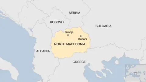 Map showing North Macedonia in relation to other the countries it borders, including Albania, Greece and Bulgaria.