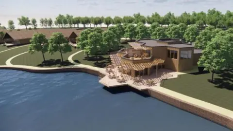 An artist's impression of how the village will look. The picture has a lodge next to a lake with trees and grass areas around it. In the background is another building with a slanted roof. 