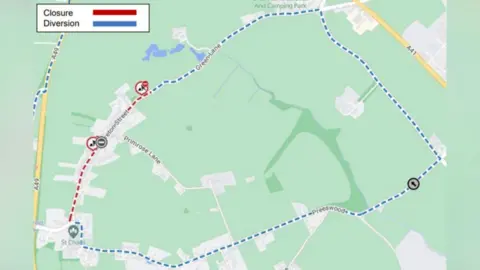 Shropshire Council An aerial google maps image of Prees. A red dotted line is down Moreton Street. A diversion in a blue dotted line forms a circuit that runs from Preeswood to Green Lane.