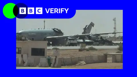 A composite image showing a damaged grey aircraft framed by the BBC Verify branding