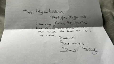 Ryan Eddowes A letter from David Attenborough to Ryan Eddowes in which he says "Thank you for your letter, I am very flattered that you have decided on a project to seek out animals that have been given my name - Good luck!"