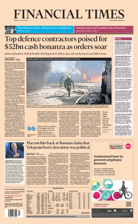 The main headline on the front page of the Financial Times read: "Defense giants brace for $52 billion in cash inflows as orders surge"