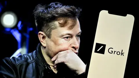 Getty Images Elon Musk next to a mobile phone