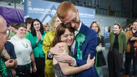 Getty Images Holly Bruce - a woman in a patterned dress and and with brown hair, is hugged by Ross Greer, a man in a bright blue suit with green rosette, while smiling Green party volunteers look on. 