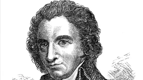 A black and white drawing of an old-fashioned man. 