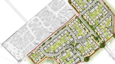 Taylor Wimpey An architect's plan of the L-shaped plot showing trees and hedges on the outskirts 