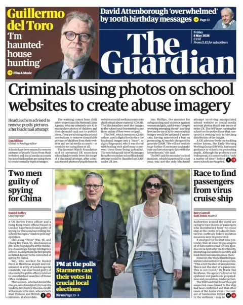 The headline on the front page of the Guardian reads: “Criminals using photos on school websites to create abuse imagery”.