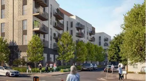 An artist's impression rendering of the redevelopment site, showing a cluster of low-rise blocks of flats along a residential, tree-lined road. The picture is shown from opposite a junction looking towards the flats, with people walking around outside on the pavements and cars parked along the road.