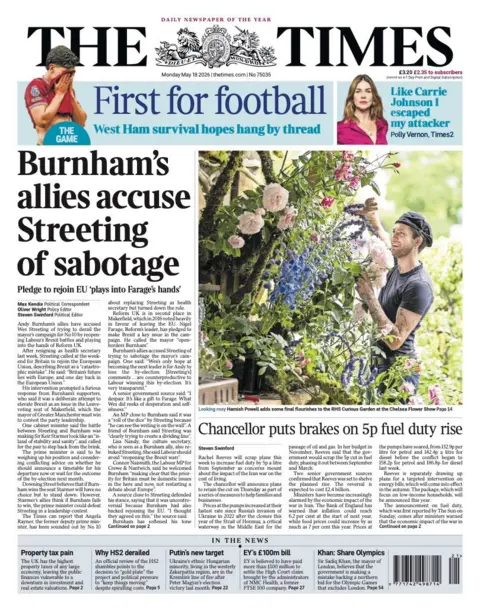 The headline on the front page of the Times reads: "Burnham's allies accuse Streeting of sabotage."