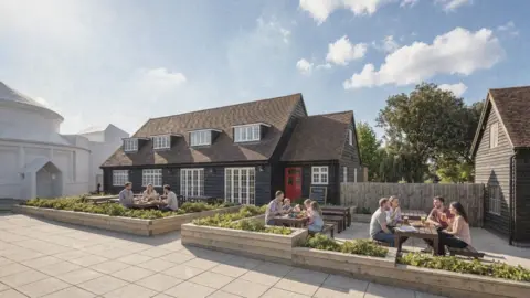 Simon Knight Architects An artist's impression shows a building with dark timber cladding on the bottom and a tiled roof with dorma windows. All the windows are white-framed. There is a white door with a chalkboard next to it. A fence shows the walkway to the barn theatre on the right and on the left is a white building which represents the museum that is currently there.