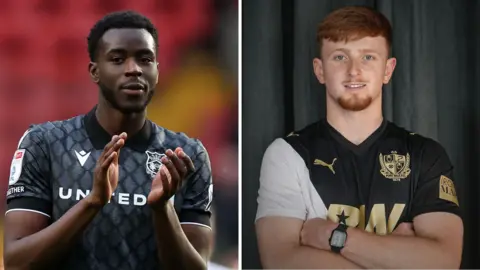 Split picture showing Mo Faal clapping the Wrexham fans after a game wearing a dark gray away shirt and on the right is Oliver Lynch with his arms folded and wearing a black and silver home club shirt.