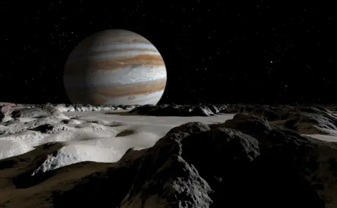 Getty Images Stock illustration of Jupiter's large moon, Europa, covered by a thick crust of ice above a vast ocean of liquid water 