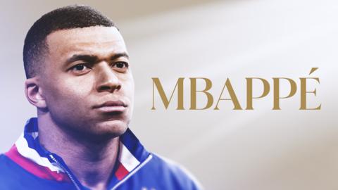 Kylian Mbappe head-shot in France training jacket, with name 'Mbappe' written as text.