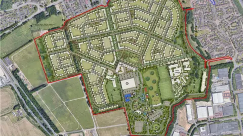 AEPG Aerial mock-up of the showground site planned by AEPG, there are a number of smaller buildings and three larger buildings which are named as "care village", "hotel" and "primary school".