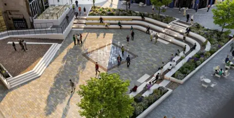 Artist impression of new area, with raised stage and water feature in the centre. People are sitting on white steps which are surrounded by bushes.