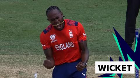 England's Jofra Archer celebrates bowling out Travis Head