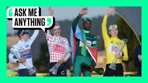 2024 winners; white jersey for best young rider Remco Evenepoel,  polka-dot jersey for best climber Richard Carapaz, green jersey for best sprinter Biniam Girmay , race leader and yellow jersey Tadej Pogacar