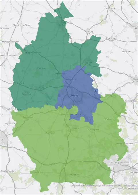 Oxford City Council A map of Oxfordshire shows three coloured areas. A dark green patch to the north and west, a light green area to south and west and a dark blue bit - covering Oxford - in the middle.