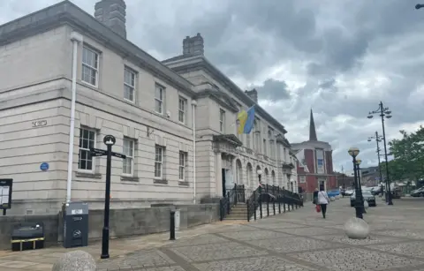 LDRS Rotherham Council building, with a Ukraine flag flying at the front