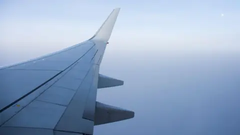 Getty Airplane wing in fog