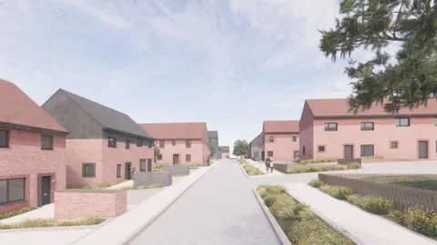 A computer-generated image of rows of brick-built houses around a cobbled-style lane with some plants up either side