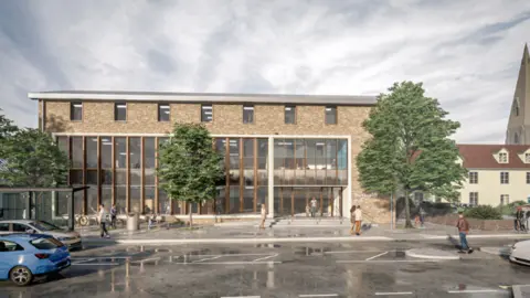 A computer generated image of a library. The library has large windows on the front and is surrounded by trees. A road lies in front of the library with cars on it.
