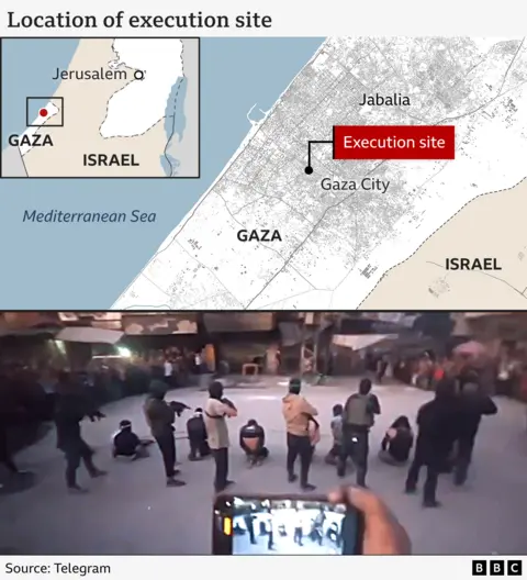The top image shows a map of Gaza with the location of the executions marked. The bottom image shows Hamas fighters preparing to execute a group of men in Gaza City. The fighters wear masks and carry automatic rifles.
