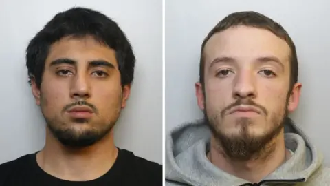 Police mugshots of Sepehr Yousefali (L) and David Meti (R). Yousefali is wearing a black t-shirt, has thick black hair and a dark beard. Meti is wearing a grey hoodie, has brown eyes, short brown hair and a scruffy beard. They are both standing against a grey background and looking at the camera with blank expressions.