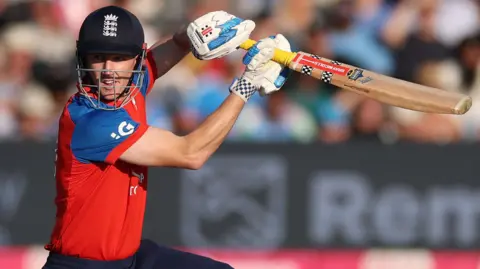 Harry Brook plays a shot for England in their fourth T20 against India in Bristol