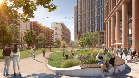 An animation showing how the site would look, tower blocks sit in the background with greenery and people relaxing in the open space  