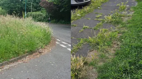 Composite image of overgrown grass verge on the left and weeds between pavement flags on the right