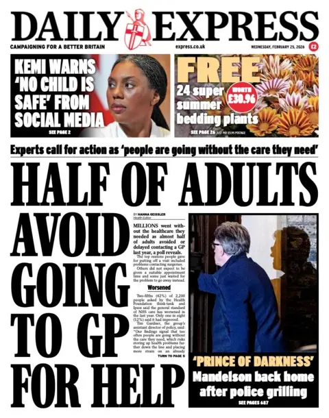 The headline on the front page of the Express reads: "Half of adults to avoid going to GP for help".