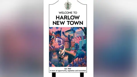 Harlow Council An image of a sign that reads 'Welcome to Harlow New Town' - the image displays historical buildings and features of the town primarily in pink and blue colour